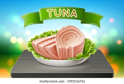 Canned Tuna On A Lettuce Leaf. Background Nature And Sky. Realistic Vector Illustration.