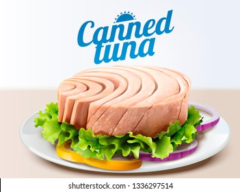 Canned Tuna On White Dish With Lettuce In 3d Illustration