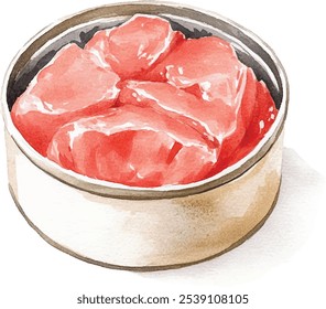 Canned tuna watercolor hand painted. Flaked tuna in a can isolated on white background.