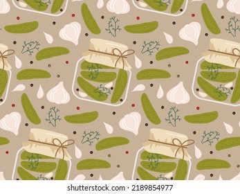 Canned vegetables background. Seamless pattern with pickled cucumber jars. Hand drawn doodle sketch print. Repeated food background for textile, wrapping paper, wallpaper, cover design