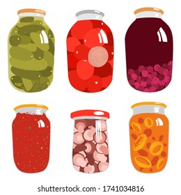 Canned vegetables and fruits in glass bottles vector cartoon set isolated on a white background.