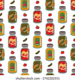 Canned vegetables and fruits vector seamless pattern on a white background for wallpaper, wrapping, packing, and backdrop.