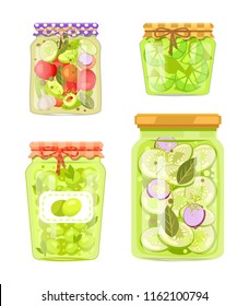 Canned vegetables with garlic, preserved zucchini with onion and spicery, sliced lime and green plums conservation. Poster with homemade conserve jars