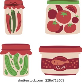 Canned vegetables in jars. Vector illustration in flat cartoon style.