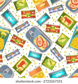 Verduras enlatadas, carne y pescado sin patrón. Pepinillos en latas de metal. Impresión repetida de la cocina. Maíz y tomate conservados. Conservar la carne. Conservación de alimentos. Piña marinada. Vector de fondo