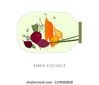 Canned vegetables. Vector icon with glass jar and vegetables. Illustration with beetroot, onion, carrot, dill and parsley.