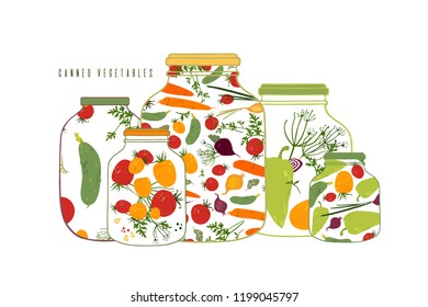Canned vegetables. Vector icon with glass jars and vegetables. Hand drawn illustration.
