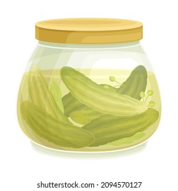 Canned Whole Pickled Cucumber or Gherkin Preserved with Brine in Glass Jar Vector Illustration