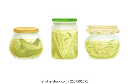 Canned Whole Pickled Cucumber or Gherkin Preserved with Brine in Glass Jar Vector Set