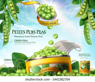 Canned young pea ads poster with spoonful of fresh peas in 3d illustration, blue sky background