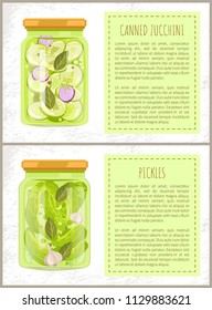Canned zucchini and pickled cucumbers with bay leaves and garlic, dill and paper preserved food in glass jar vector. Traditional marinated veggies snack