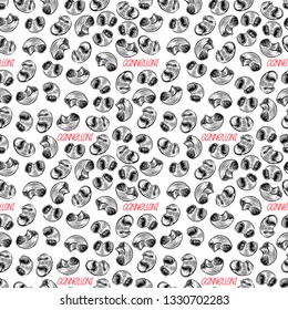 Cannelloni. Seamless background of various kinds of pasta. hand-drawn illustration
