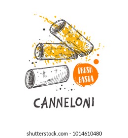 Canneloni pasta. Italian cuisine. Logo, icon and label for your design. Hand drawn doodle vector illustration. Can be used for menu, cafe, restaurant, bar, poster, shop, food studio, emblem, sticker.