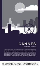 Cannes city minimalistic poster with skyline, cityscape retro vector illustration. France, French Riviera town travel front cover, brochure, flyer, leaflet, flier, template, layout