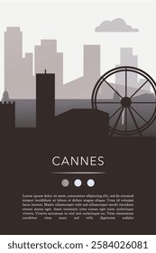 Cannes city template for website, presentation, front page, invitation, publication sheet with skyline, landmarks. Vector France image layout, simple and grayscale