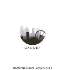 Cannes cityscape, gradient vector badge, flat skyline logo, icon. France, French Riviera town round emblem idea with landmarks and building silhouettes. Isolated graphic