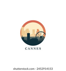 Cannes cityscape, gradient vector badge, flat skyline logo, icon. France, French Riviera town round emblem idea with landmarks and building silhouettes. Isolated graphic