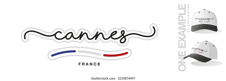 Cannes France, abstract France flag ribbon, new modern handwritten typography calligraphic logo icon with example of application