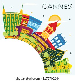 Cannes France City Skyline with Color Buildings, Blue Sky and Copy Space. Vector Illustration. Business Travel and Tourism Concept with Historic Buildings. Cannes Cityscape with Landmarks.