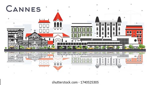 Cannes France City Skyline with Gray Buildings and Reflections Isolated on White. Vector Illustration. Tourism Concept with Modern and Historic Architecture. Cannes Cityscape with Landmarks.