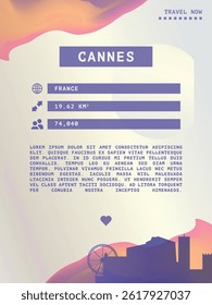 Cannes, France vector infographics, brochure layout. Guide, leaflet, flyer, advertising graphic template with text, information, city skyline shape. Page, festival, cover mock up image