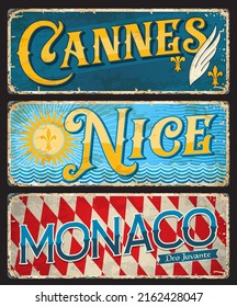 Cannes, Nice, Monaco French City Travel Stickers And Plates, Vector Luggage Tags And Tin Signs. France City Landmarks And Sightseeing Symbols Or Flags Of French Prefecture Capitals