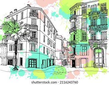 Cannes, Provence, France. Nice old street in hand drawn sketch style. European city. Urban landscape. Vector illustration on colorful blobs background. Without people