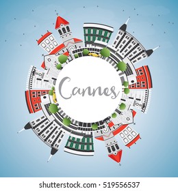 Cannes Skyline with Gray Buildings, Blue Sky and Copy Space. Vector Illustration. Business Travel and Tourism Concept with Historic Architecture. Image for Presentation Banner Placard and Web Site