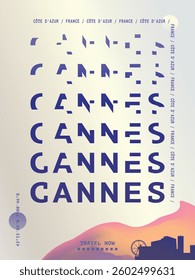 Cannes typography minimalist vector poster layout. Brochure, leaflet, flyer, advertising image template with text, multicolors for France city. Event, festival, cover graphic