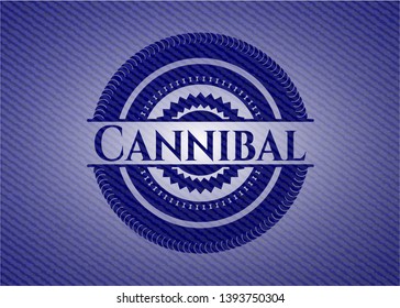 Cannibal badge with denim background. Vector Illustration. Detailed.