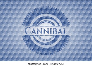 Cannibal blue emblem or badge with geometric pattern background.