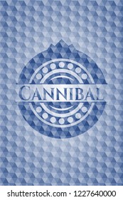 Cannibal blue emblem with geometric pattern background.