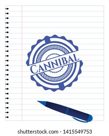 Cannibal emblem with pen effect. Blue ink. Vector Illustration. Detailed.