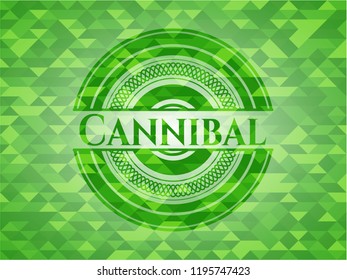 Cannibal green emblem with triangle mosaic background