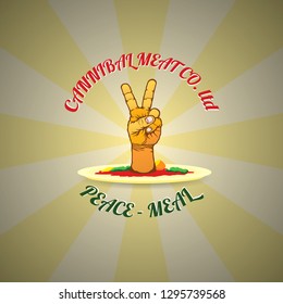 A cannibal menu with a hand making the peace sign for the word-play of peace-meal for humour concept. Vector illustration.