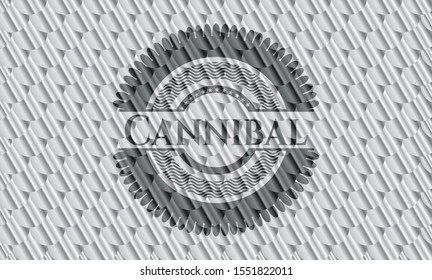 Cannibal shiny silver emblem. Scales pattern. Vector Illustration. Detailed.