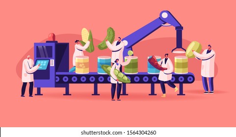 Canning Factory Working Process. Production Of Canned Vegetables. Workers Put Fresh Veggies And Greens To Tins On Conveyor Belt. Farmers Products Manufacture Industry. Cartoon Flat Vector Illustration