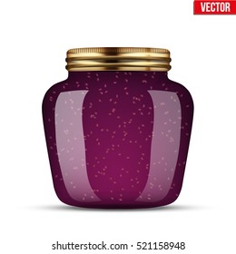 Canning Glass Jar with raspberries jam. Vector Illustration isolated on transparent background.