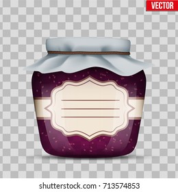 Canning Glass Jar with raspberries jam and closed cloth cover. Jar with label. Vector Illustration isolated on transparent background.