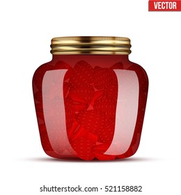 Canning Glass Jar with strawberries jam. Vector Illustration isolated on transparent background.