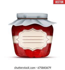 Canning Glass Jar with strawberries jam and closed cloth cover. Jar with label. Vector Illustration isolated on white background.