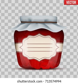 Canning Glass Jar with strawberries jam and closed cloth cover. Jar with label. Vector Illustration isolated on transparent background.