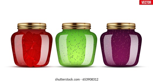 Canning Glass Jars with jam. Wide banner of kitchen homemade conservation. Vector Illustration isolated on white background.