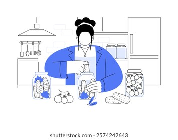 Canning isolated cartoon vector illustrations. Hipster girl preserving food into a glass can, master class, canning and sealing process, housewife lifestyle, marinated vegetables vector cartoon.