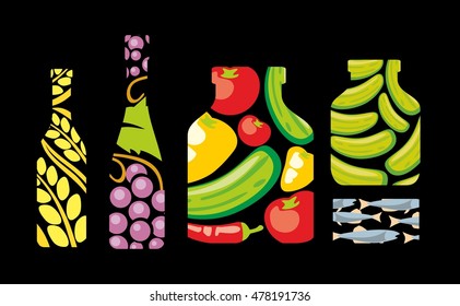 Canning jars from pattern with tomatoes, cucumbers, peppers, fish. Color drawn sketch on red dark background. Vector flat illustration