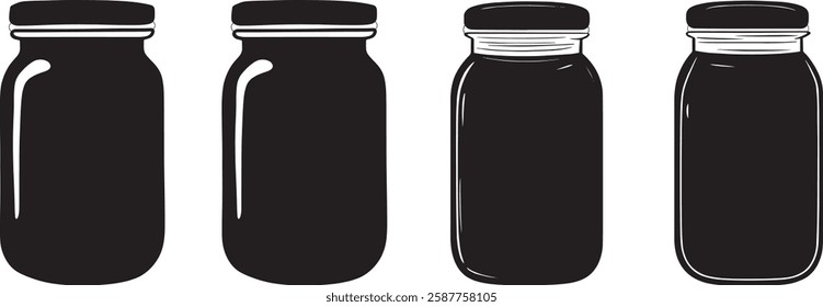 Canning Jars Silhouette Vector Set, Isolated on White