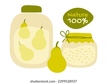Canning pears - compote and jam in glass jars. Fruit harvest. Ingredient for canned food. Natural vegan farm food. Sweet. Color image. Vector illustration.