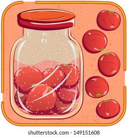 Canning. Pickled or marinated tomatoes in a glass jar