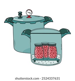 Processo de enlatamento, conceito de preservação de alimentos.  Os frascos de comida enlatada são esterilizados em canner de pressão. Ilustração de vetor de estilo doodle desenhado à mão.
