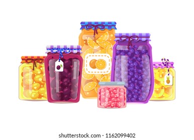 Canning products vector jars with preserved fruits and berries, tasty meal in glass containers, oranges and plums, blueberries and cranberries, pineapple